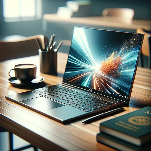 DALL·E 2024 05 13 11.45.31 A realistic and detailed image of a modern high end laptop suitable for students displayed open on a desk. The laptop should feature a sleek design 600x600 1