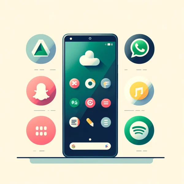 DALL·E 2024 05 13 12.00.30 A stylish and simplified image illustrating the Top 5 Essential Apps for Your New Smartphone. The image should feature a modern smartphone in the ce 600x600 1